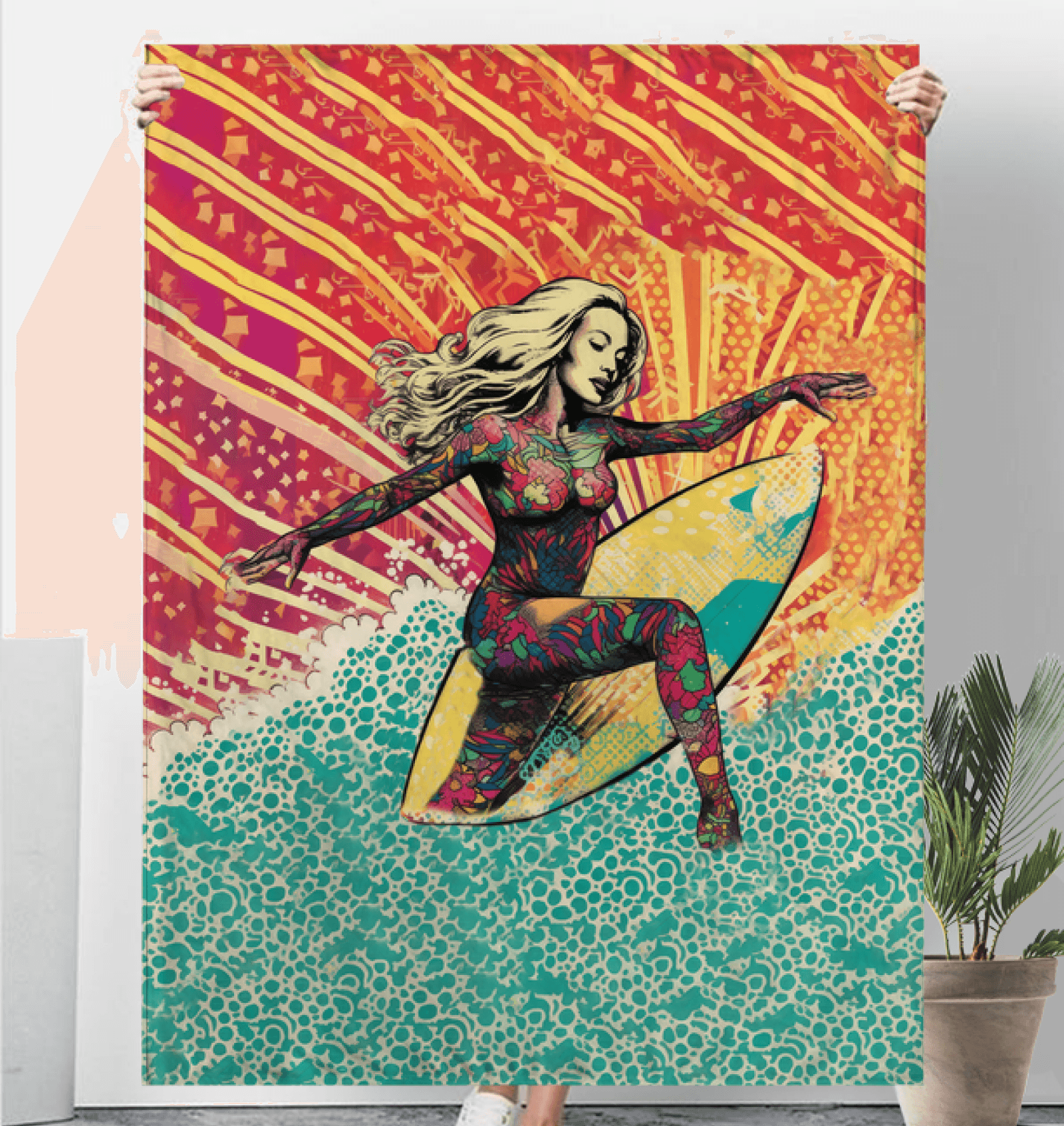 Elegant and warm Surfing 101 Sherpa blanket, capturing the essence of surfing in soft comfort.