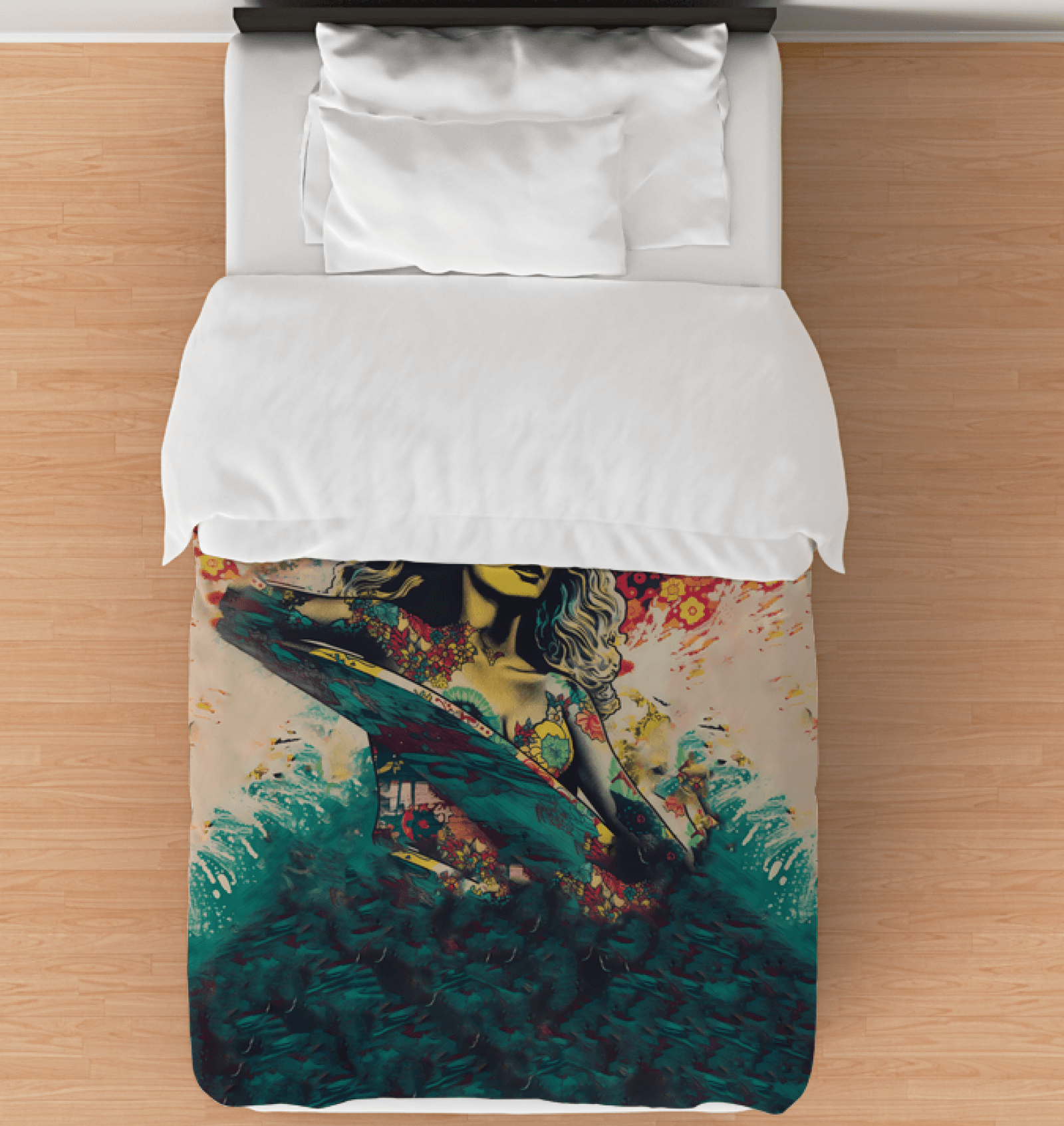 Surfing 1 02 Twin Comforter laid out on a bed, featuring vibrant surfing-inspired designs, perfect for any beach lover's room.