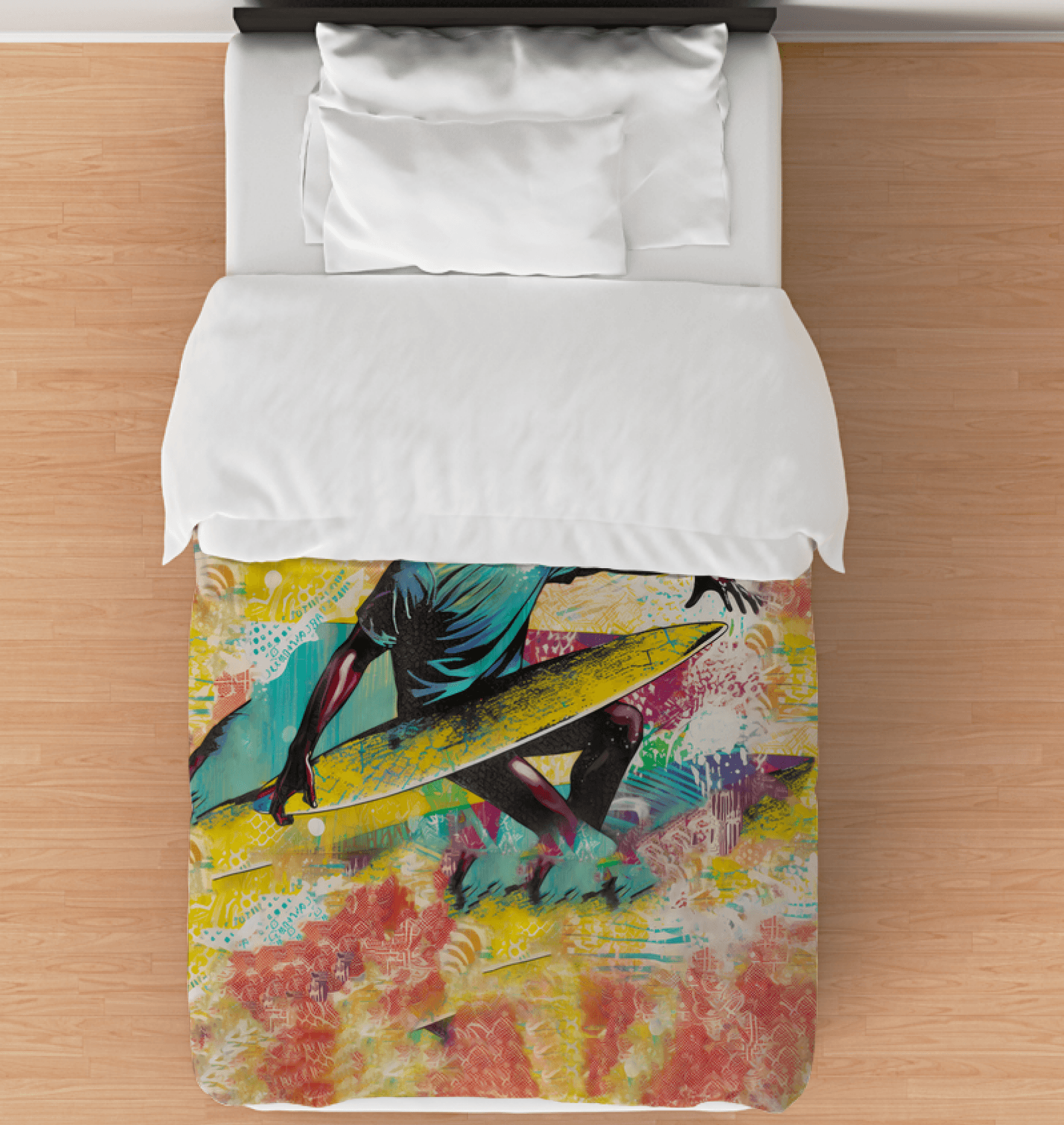 Surfing 1 45 Twin Comforter displayed on a bed, featuring vibrant surf graphics, ideal for bringing the spirit of the sea into your bedroom.