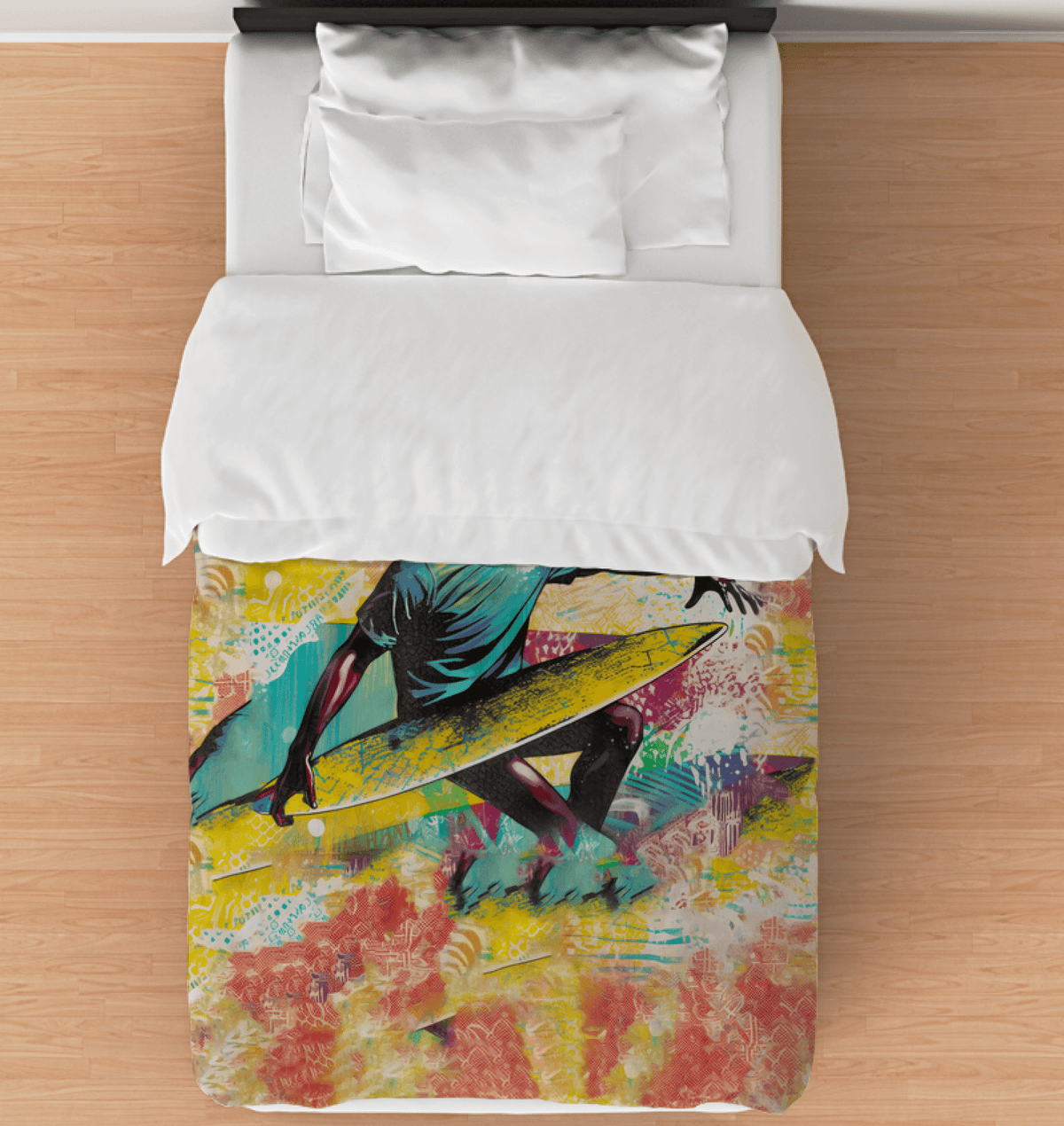 Surfing 1 45 Twin Comforter displayed on a bed, featuring vibrant surf graphics, ideal for bringing the spirit of the sea into your bedroom.