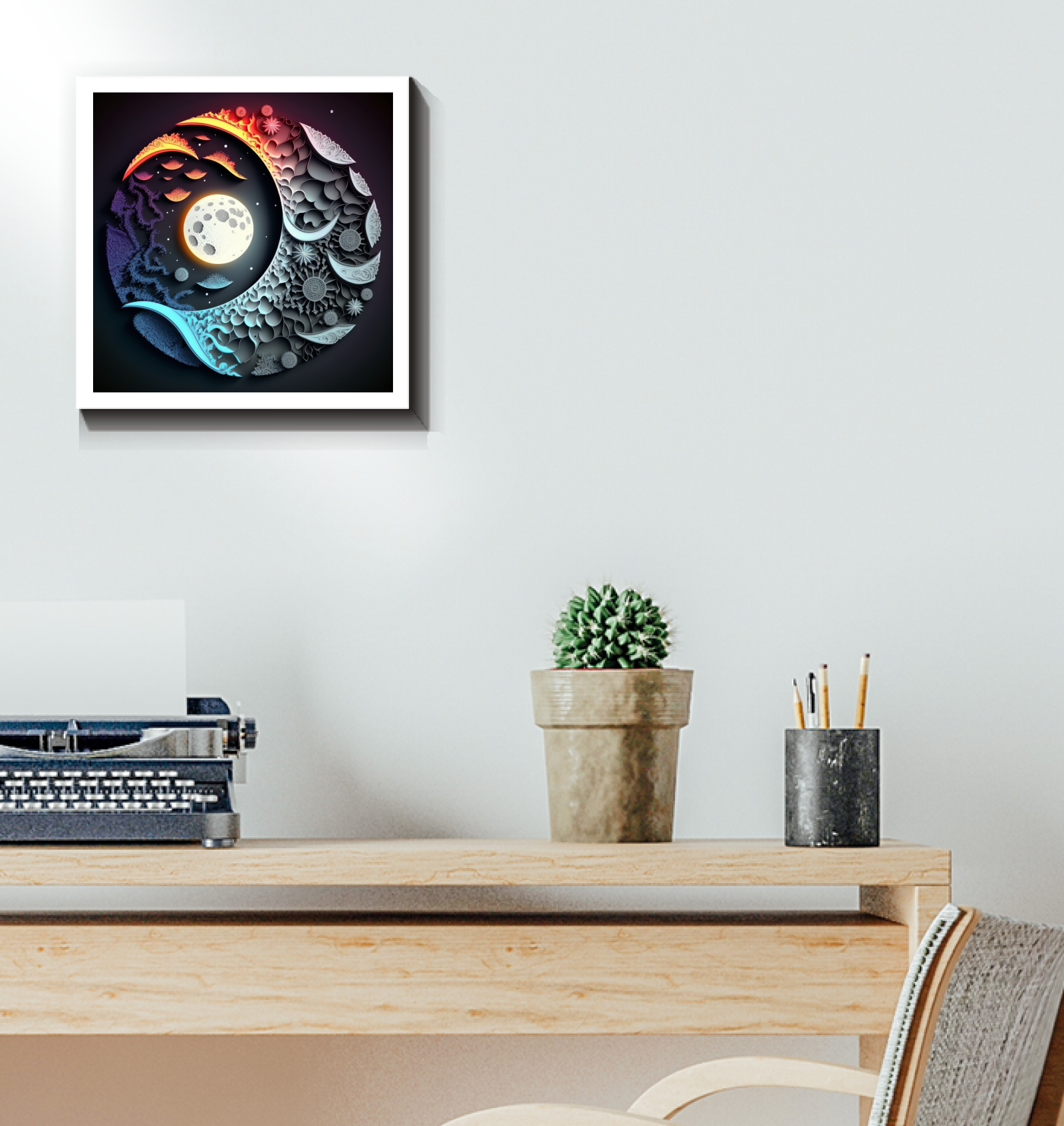 Wall art featuring serene calm and intense storm contrast.