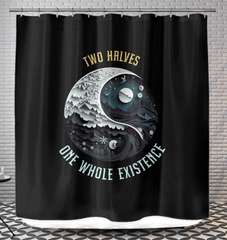 Ying Yang shower curtain featuring cosmic dance design.