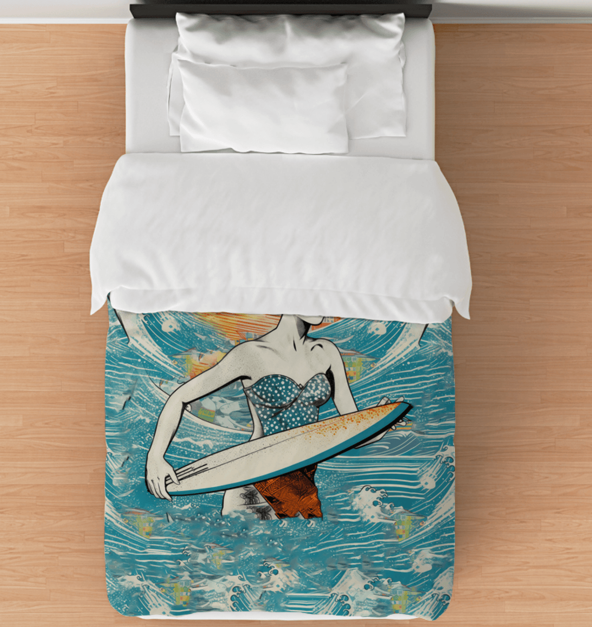 Surfing 1 41 Twin Comforter laid out on a bed, capturing the essence of the surf with its dynamic and colorful design.