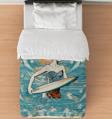 Surfing 1 41 Twin Comforter laid out on a bed, capturing the essence of the surf with its dynamic and colorful design.