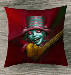 Colorful Whimsical Wonders II outdoor pillow on a patio chair.