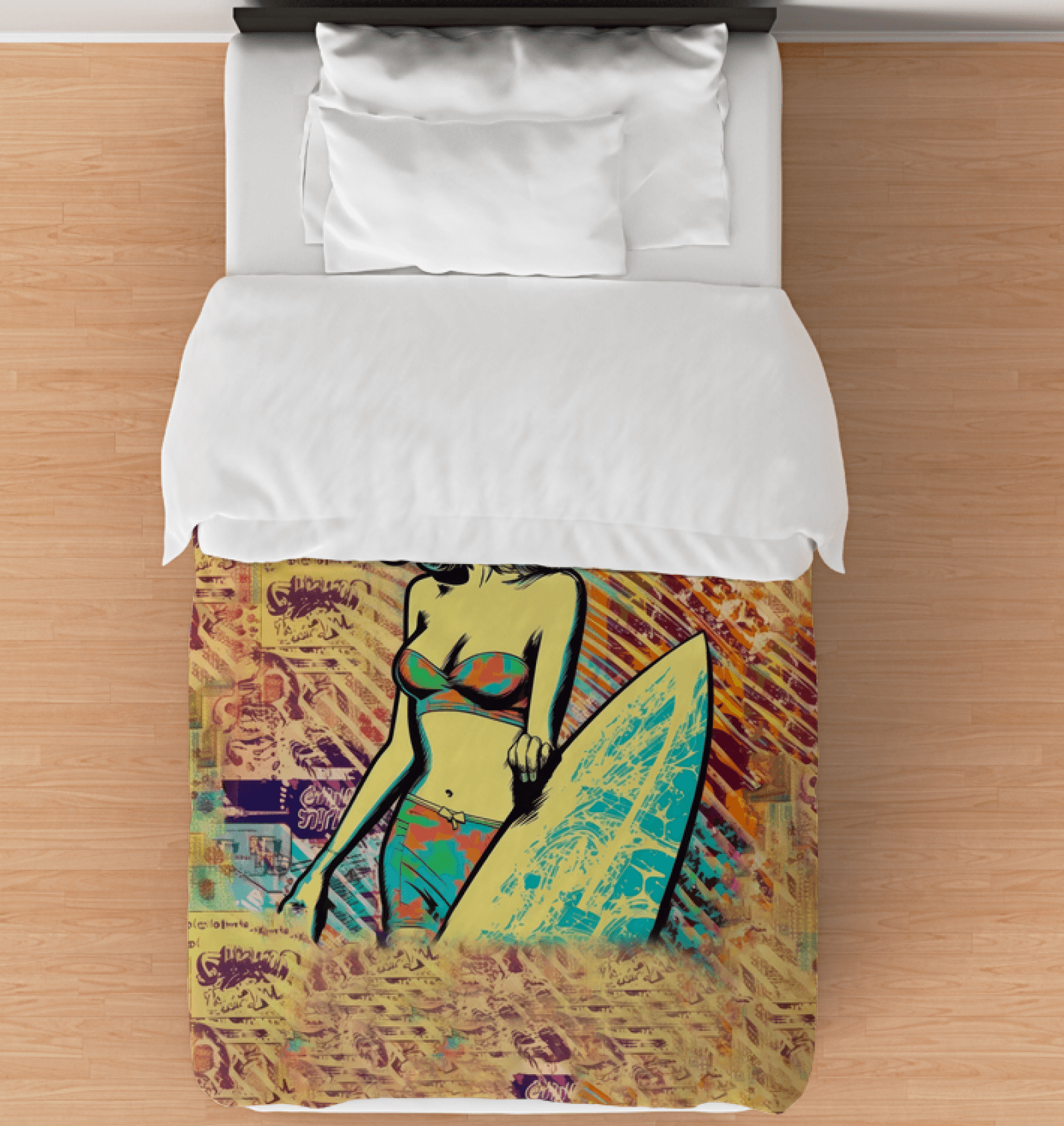 Surfing 1 20 Twin Comforter laid out on a bed, featuring a lively surf design that's perfect for ocean enthusiasts and dreamers alike.