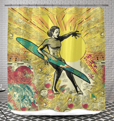 Close-up view of Surfing 1 11 Shower Curtain, highlighting the detailed surf graphics, perfect for those who love the surf lifestyle and chic bathroom decor.