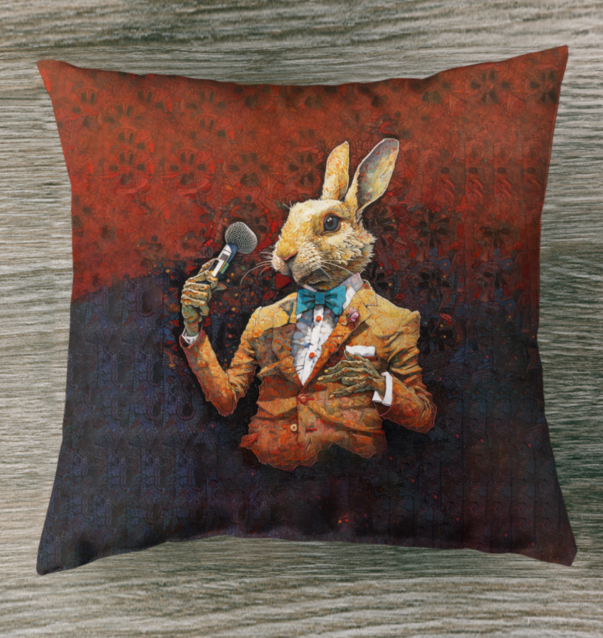 Rabbit Meadow Outdoor Pillow on patio furniture