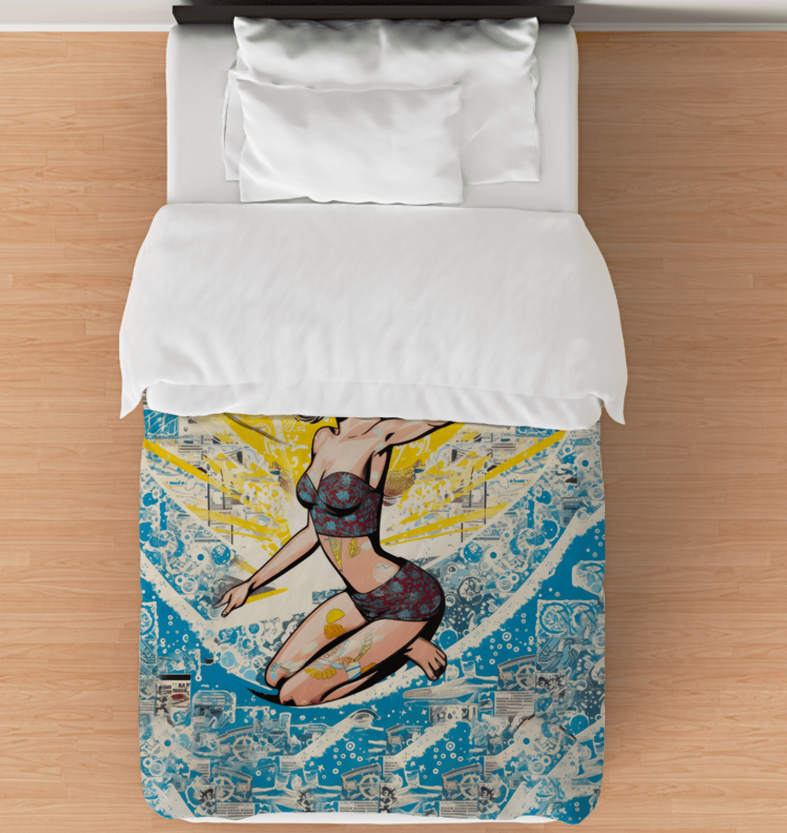 Surfing 1 24 Twin Comforter displayed on a bed, featuring a bold and vibrant surf design for a lively bedroom theme.