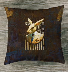 Colorful outdoor pillow featuring a rabbit artist with paintbrush.