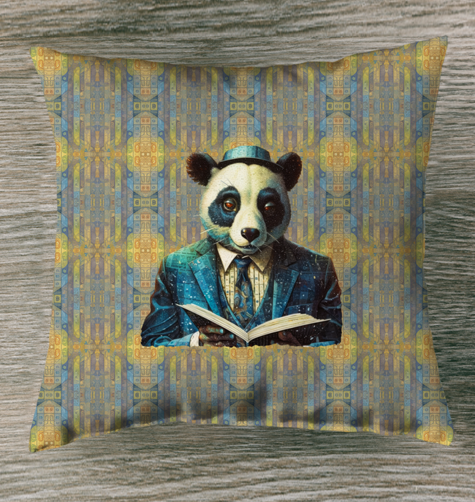 Playful Panda Outdoor Pillow in garden setting