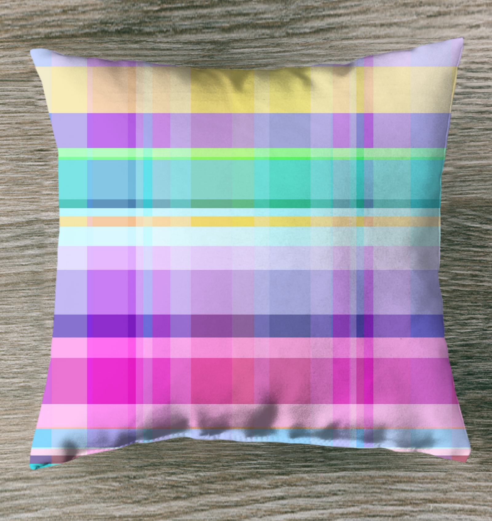 Retro Rainbow Blast Outdoor Pillow showcased on a vintage-inspired patio chair, bringing a pop of color to the outdoor setting.