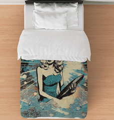 Surfing 1 18 Twin Comforter displayed on a bed, featuring a dynamic surf print ideal for a beach-themed bedroom.