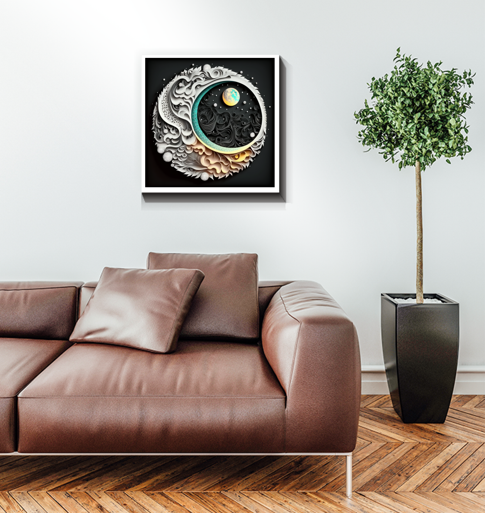 Leaf and stone canvas art for peaceful decor.
