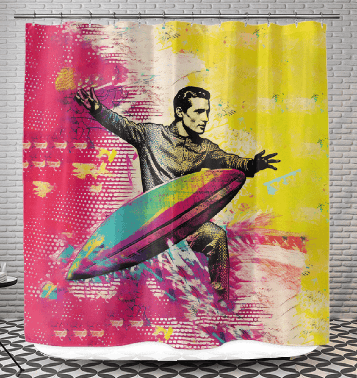 Close-up of the Surfing 1 06 Shower Curtain, highlighting its detailed surf-inspired patterns, adding a splash of fun to daily routines.