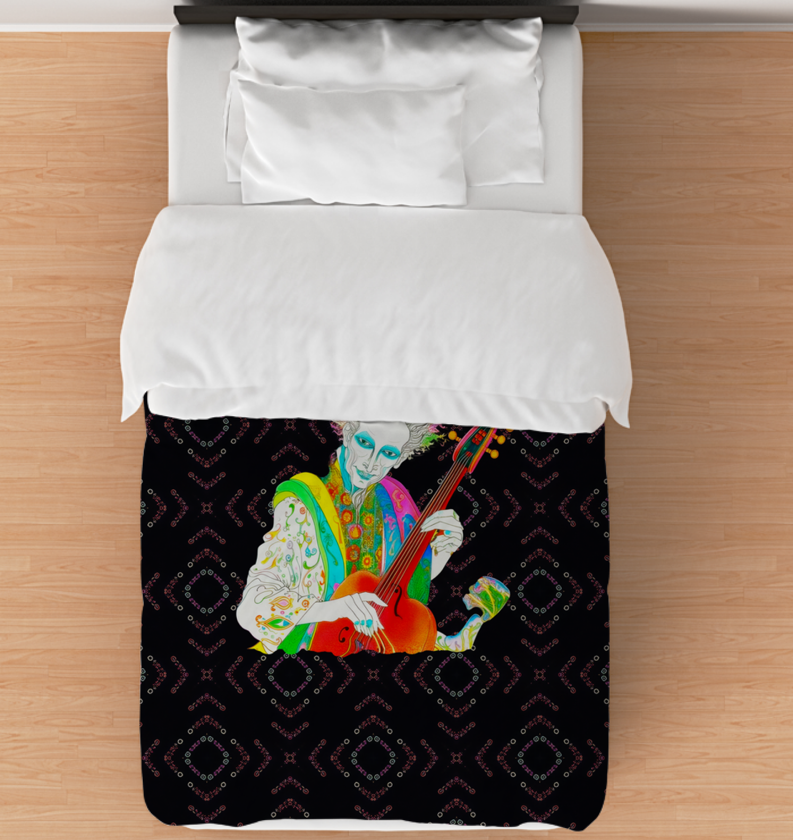 Elegant Snapdragon Symphony Duvet Cover with floral patterns in a well-lit bedroom setting.