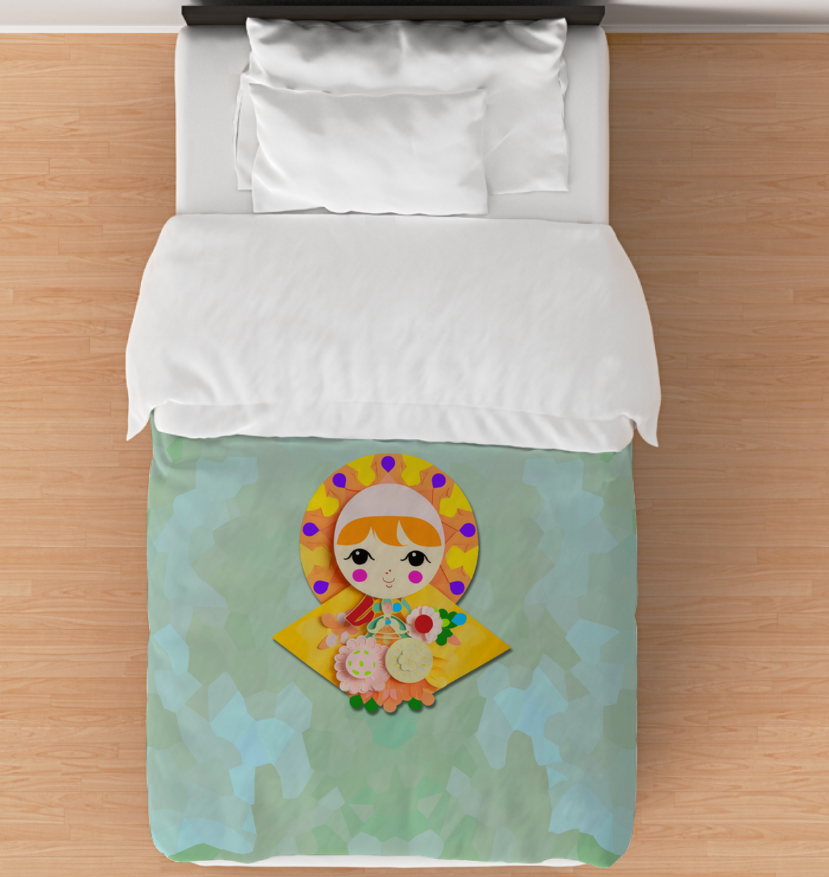 Fairy Tale Kingdom Comforter on a bed with whimsical castle and forest design