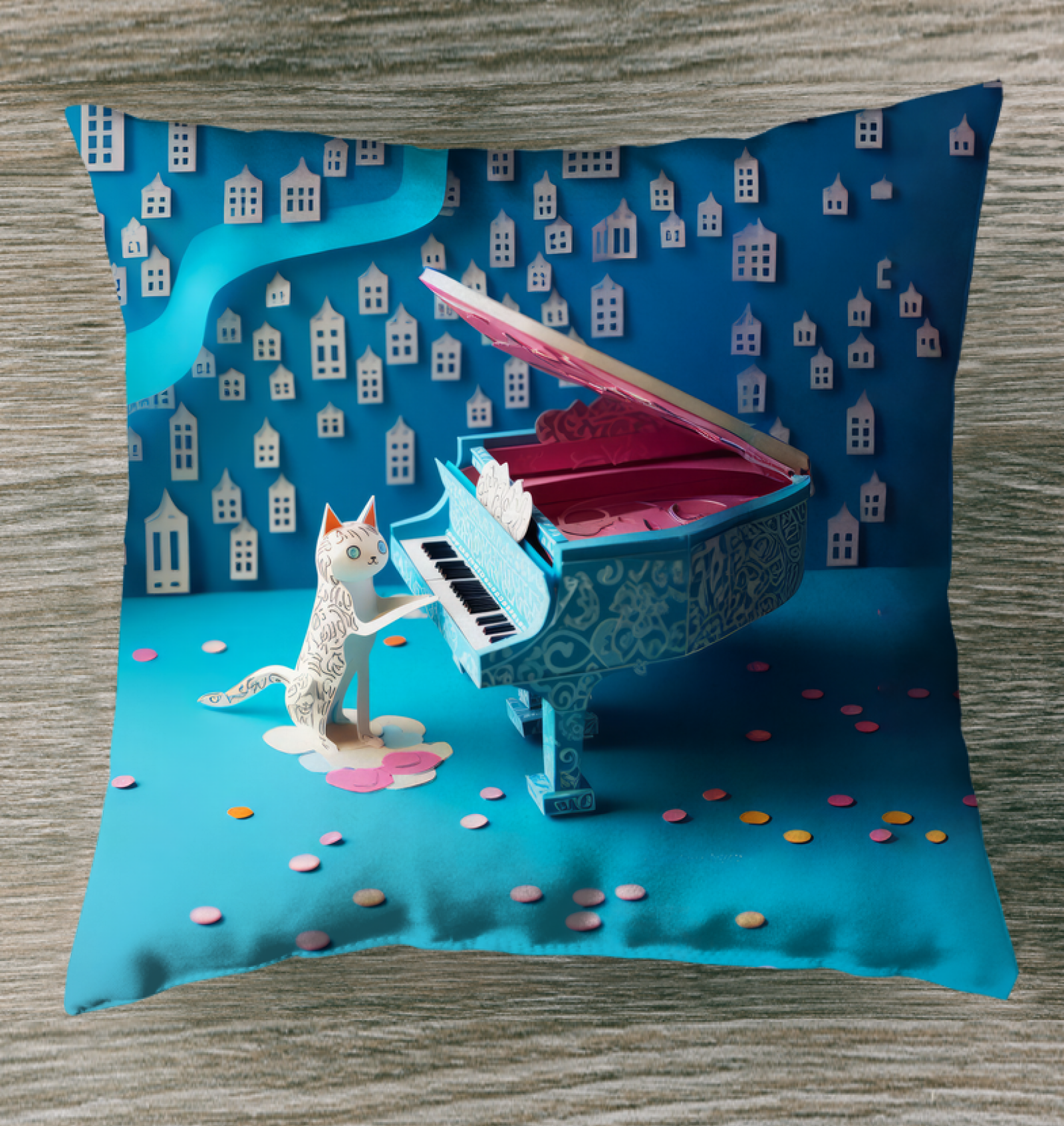 Artistic Kirigami Moonlit Night design on indoor pillow.