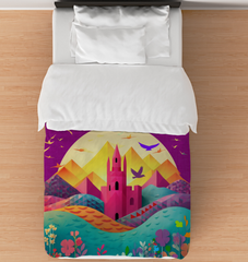 Front view of Rainbow Kingdom Fantasy Comforter on a bed.