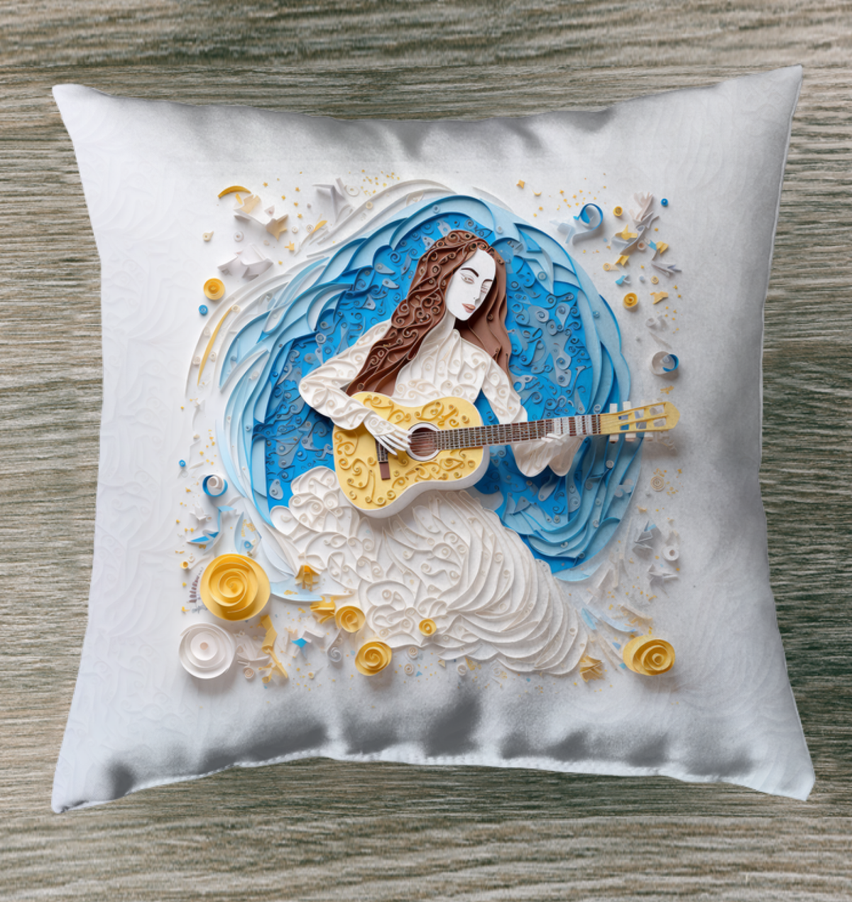 Springtime Sonata Pillow displayed on garden bench, showcasing vibrant colors.