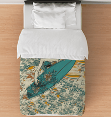 Surfing 1 39 Twin Comforter spread on a bed, featuring a striking surf pattern that adds a splash of adventure to your bedroom decor.