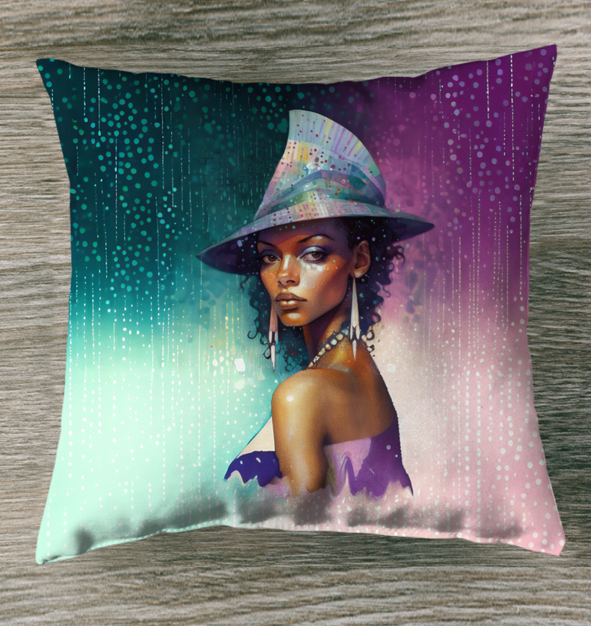 Ethereal Dreams Beyond Style Outdoor Pillow adding elegance to an outdoor seating area.