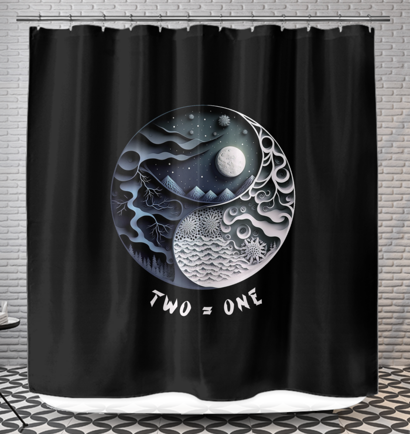 Ying Yang design shower curtain with ocean depths theme.