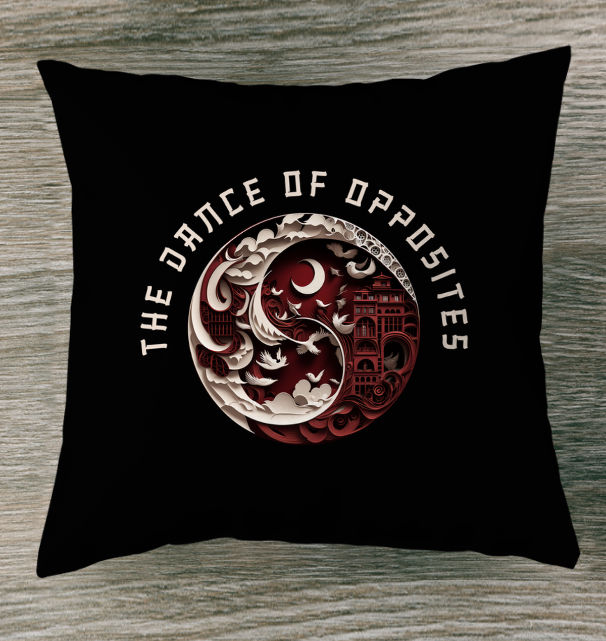 Ying Yang design indoor pillow with tropical tranquility theme.