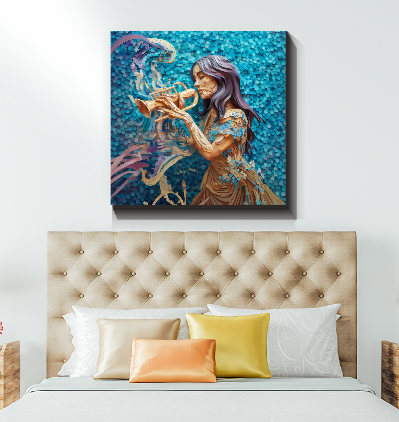 Golden Geometric Harmony Wrapped Canvas in a stylish living room.