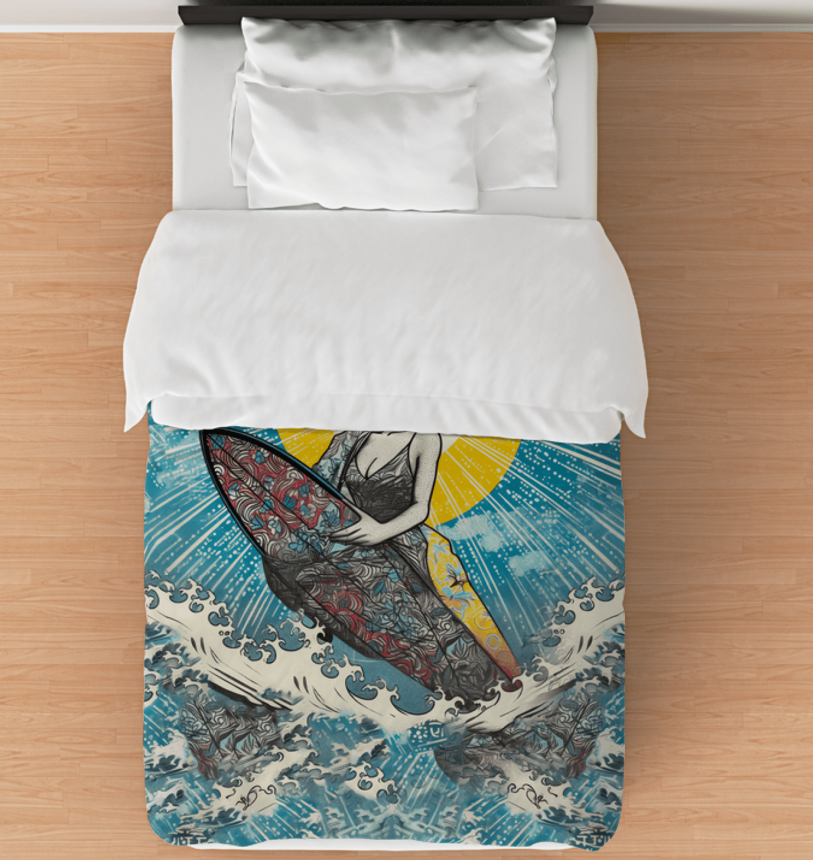 Surfing 1 40 Twin Comforter on a bed, showcasing its vibrant surf design for a lively, ocean-inspired bedroom theme.