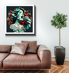 World Music Tapestry Wrapped Canvas in living room setting.