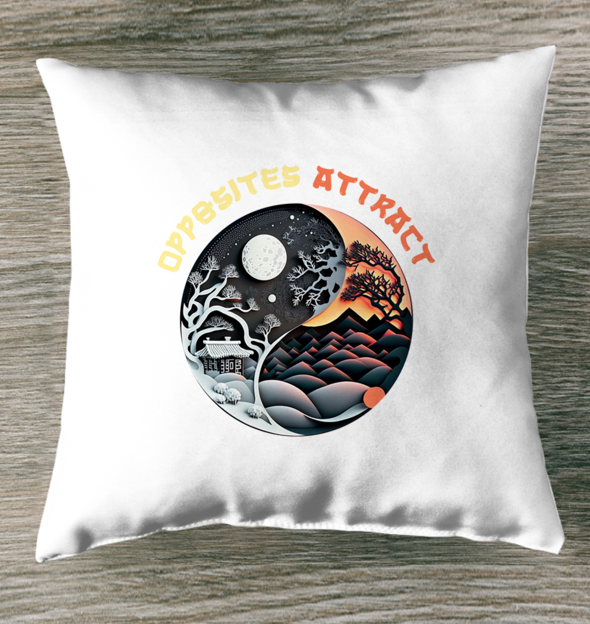 Arctic and Sahara Yin Yang Pillow on a modern couch.