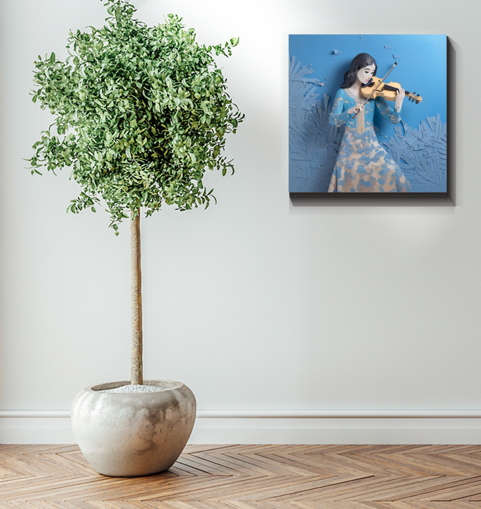 Tangerine Tango Flora Wrapped Canvas in a modern living room.