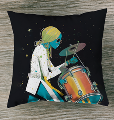 Melody Mosaic Artistic Outdoor Pillow on a vibrant patio sofa.