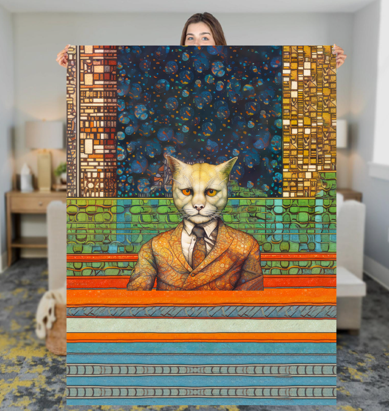 Cozy Artistic Cats Sherpa Blanket on a sofa