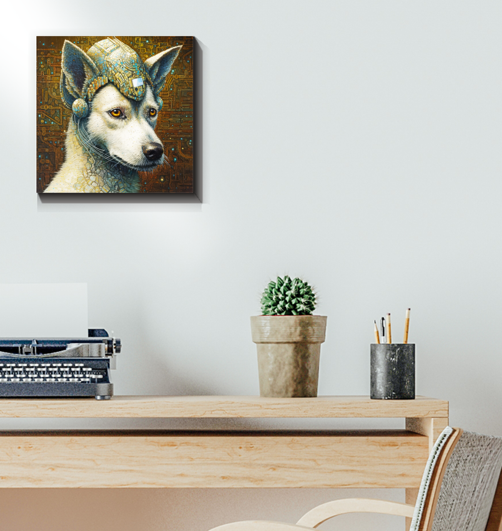 Colorful dog-themed canvas print for home decor.