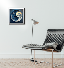 Artistic lunar and solar imagery on wrapped canvas.