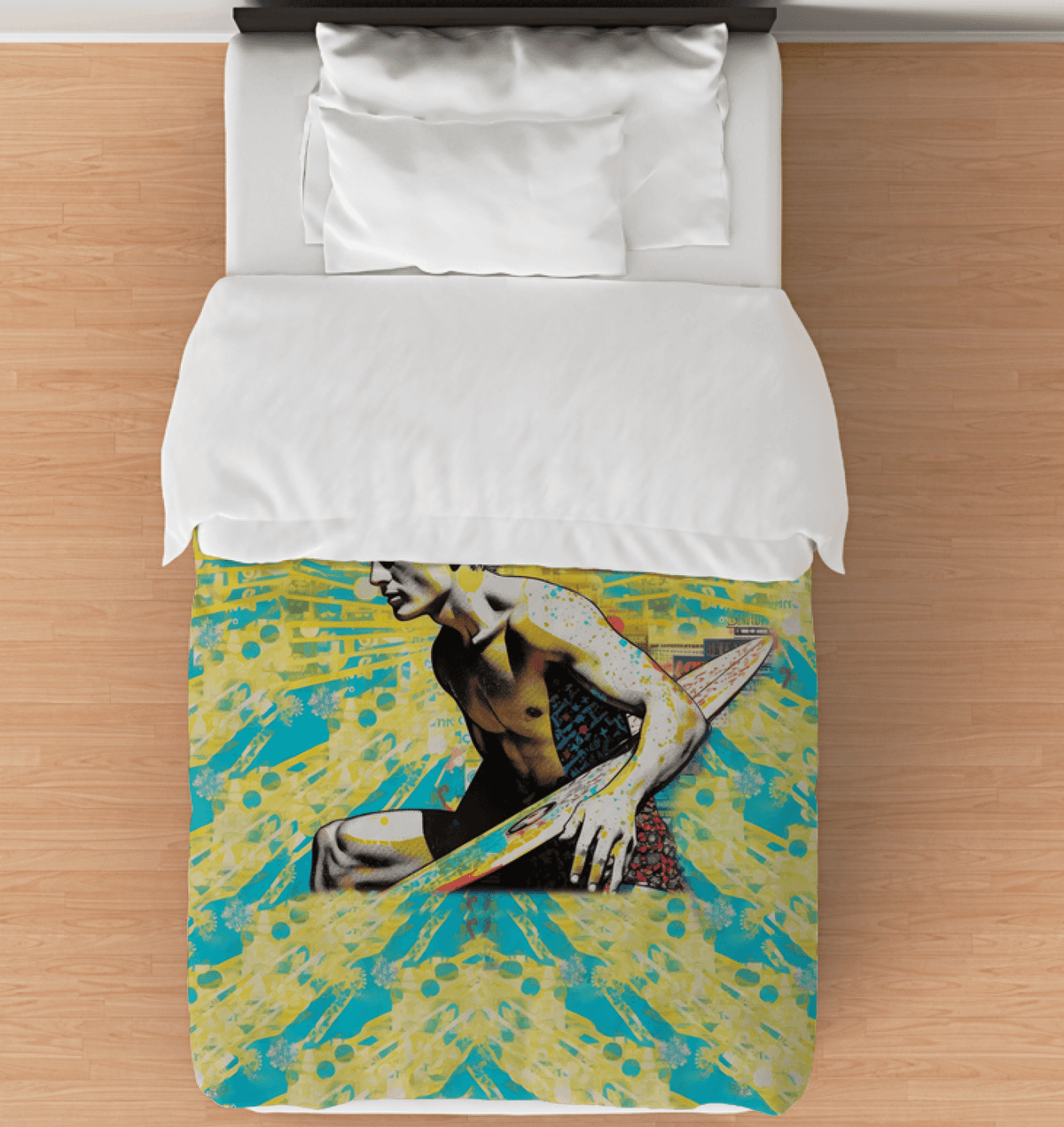 Surfing 1 30 Twin Comforter on a bed, exuding a cool, surf vibe with its vivid design, ideal for ocean enthusiasts.