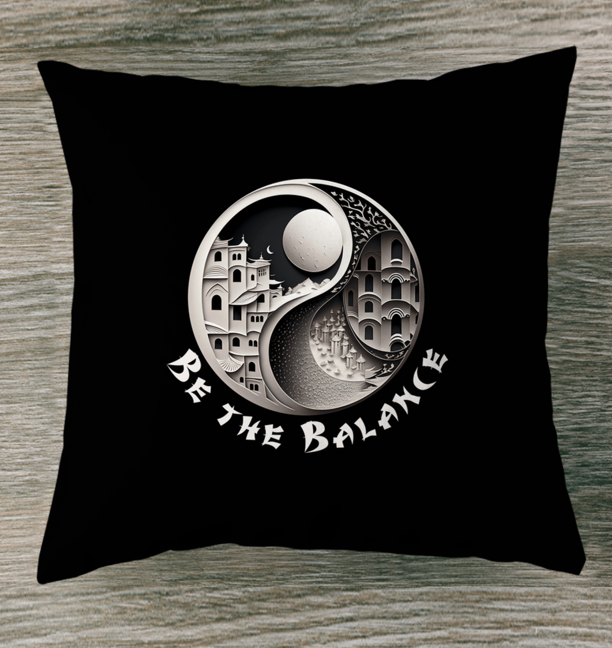 Indoor pillow with abstract Yin Yang art.