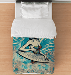 Surfing 1 44 Twin Comforter on a bed, featuring vibrant surf imagery for an energetic and stylish bedroom theme.