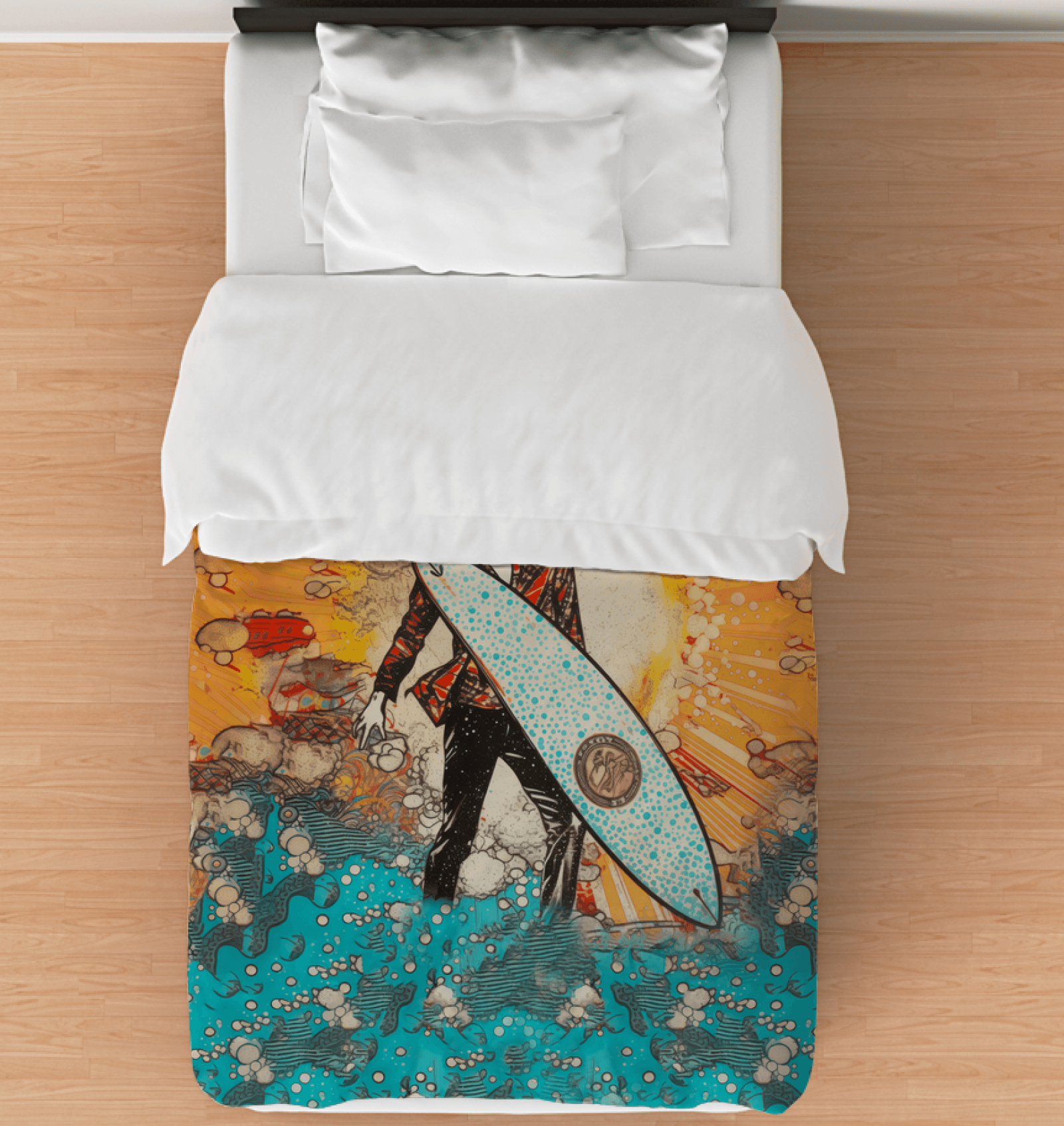 Vibrant Surfing 5 09 Duvet Cover with dynamic wave and surfboard print for an energetic bedroom ambiance.