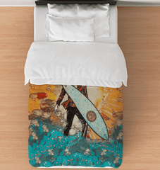 Vibrant Surfing 5 09 Duvet Cover with dynamic wave and surfboard print for an energetic bedroom ambiance.