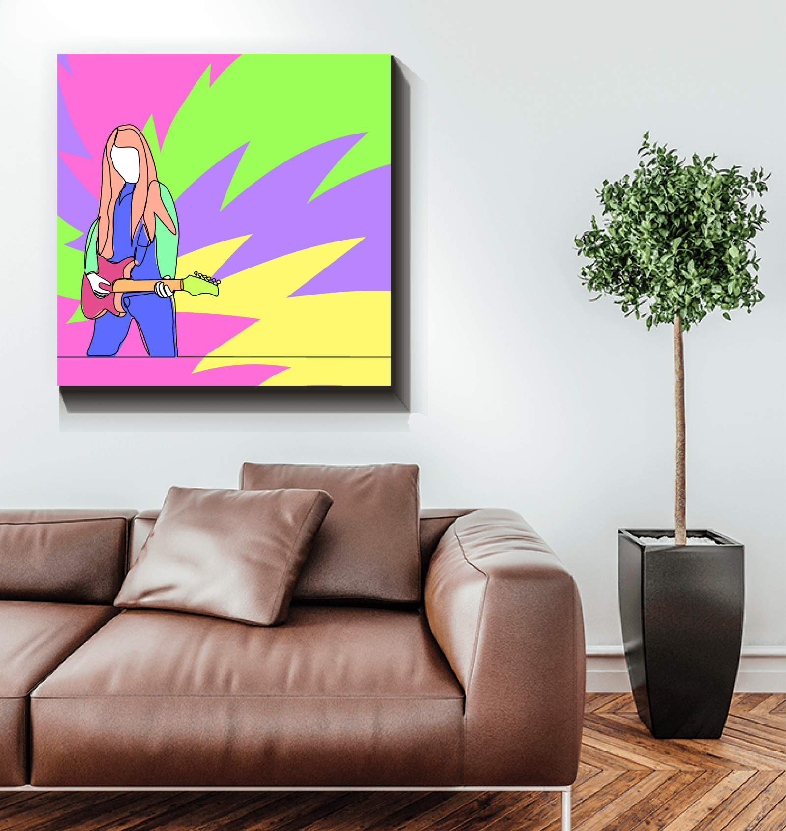 Girl Playing Guitar Line Art 2 Wrapped Canvas - Beyond T-shirts