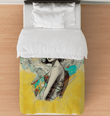 Surfing 1 43 Twin Comforter on a bed, exuding beach vibes with its surf-inspired design, perfect for sea adventurers.