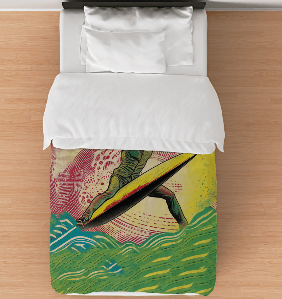 Surfing 1 09 Twin Comforter beautifully displayed on a bed, showcasing its vibrant surfing motif for a splash of style in your bedroom.