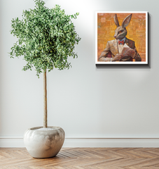 Panda's beach scene with a surfboard on wrapped canvas.