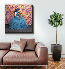 Sapphire Sea Turtle Journey Wrapped Canvas adding elegance to a dining area.