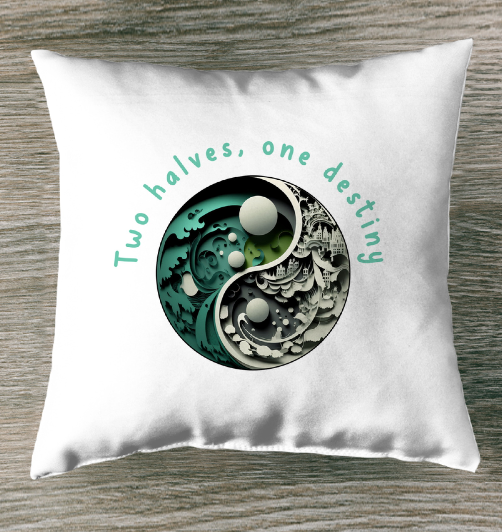 Velvet pillow with Ying Yang symbol for stylish balance.