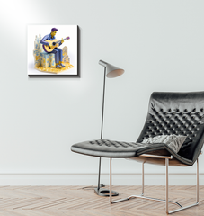 Renaissance era-inspired wrapped canvas displayed in a contemporary home setting.