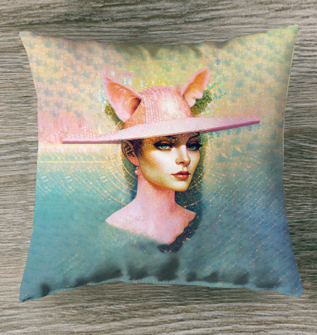 Colorful Floral Feline Pillow outdoors